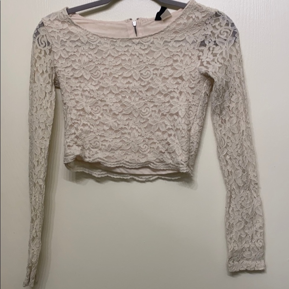 Cream Lace Long Sleeve Crop Top